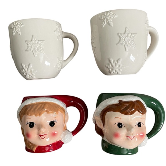 Pottery Barn Retired Christmas Mugs - Set of 4 - Snowflakes & Elves - Picture 2 of 6